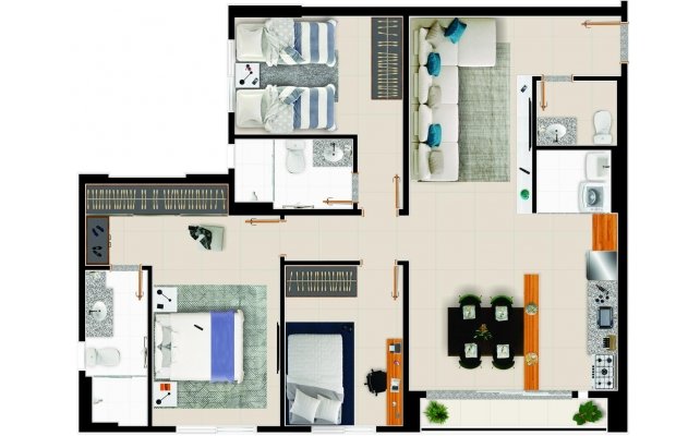 Planta do apto de 87 m² - 3Q com duas suítes, sem banheiro social e lavabo
