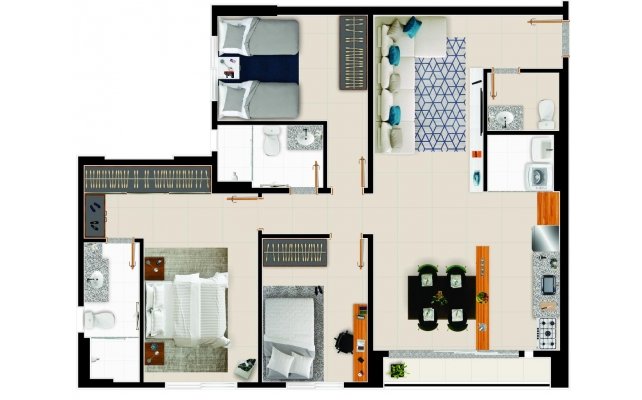 Planta do apto de 87 m² - 3Q com uma suíte, banheiro social e lavabo