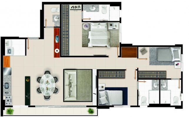 Planta do apto de 96 ou 99 m² - 3Q com três suítes e lavabo