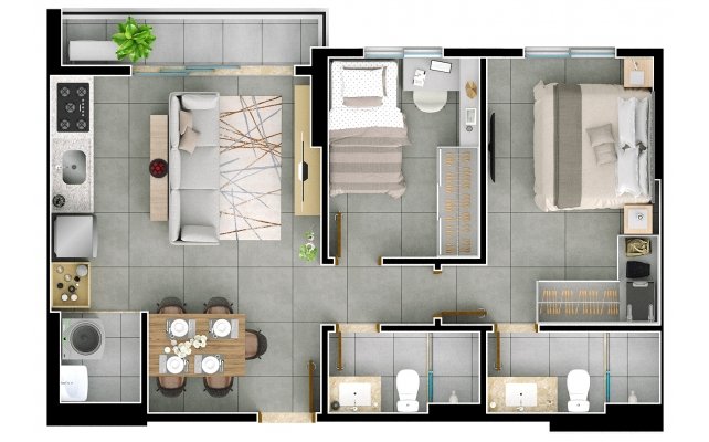 Planta 2Q com 1 suíte - 58,08m²