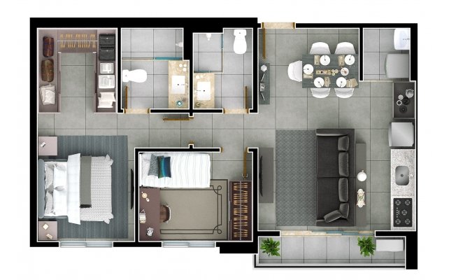 Planta 2Q com 1 suíte - 64,21m²