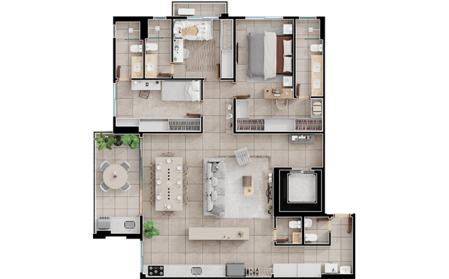Planta final 01 opcional com varanda e banheiro de serviço - 3 suítes - 140m²