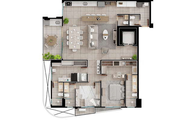 Planta final 02 opcional com varanda e banheiro de serviço - 3 suítes - 140m²