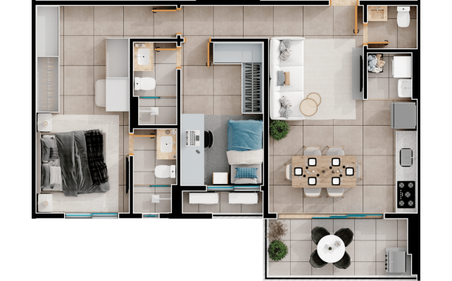 Planta final 03 opcional com varanda - 2 suítes - 75m²