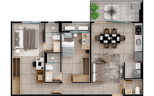 Planta final 06 opcional com varanda - 2 suítes - 75m²