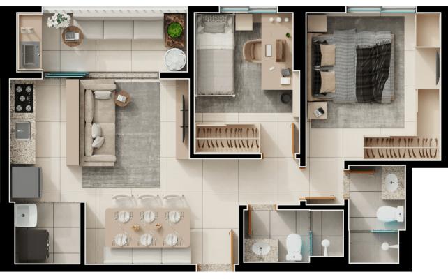 2 quatros com 1 suíte - 64m² - final 3B