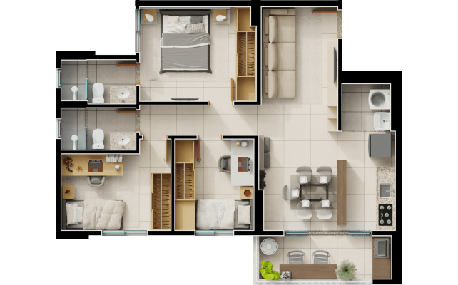 3 quatros com 1 suíte - 78m² - final 1B