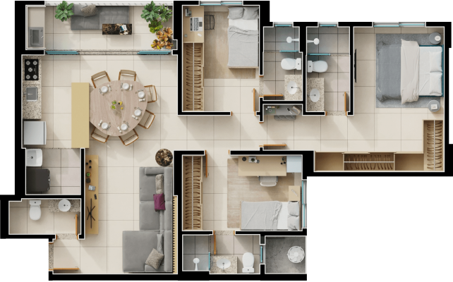 3 suítes com lavabo - 100m² - final 2A