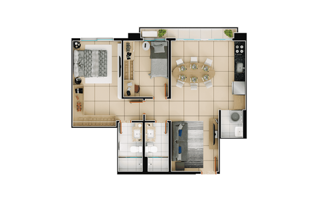 Planta 2Q com suíte 65,14m²