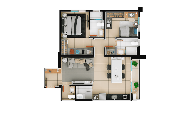 Planta 2Q com suíte, mais lavabo 68,01m²