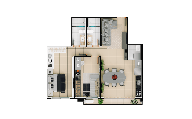 Planta 2Q com suíte 71m²