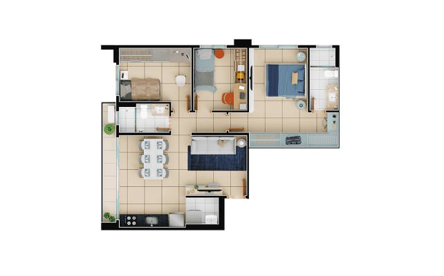 Planta 3Q com suíte 77,62m²