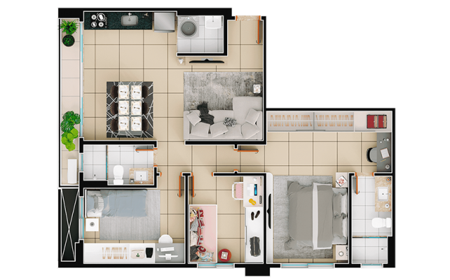 Planta 3Q com suíte 81,17m²