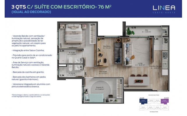 3 QTS C/ SUÍTE COM ESCRITÓRIO - 76M²