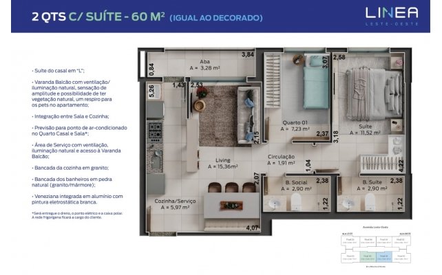 2 QTS C/ SUÍTE - 60M² (PLANTA DECORADO)