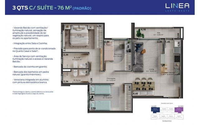 3 QTS C/ SUÍTE - 76M²