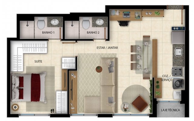 57 m² - Planta Versátil Sala Ampliada