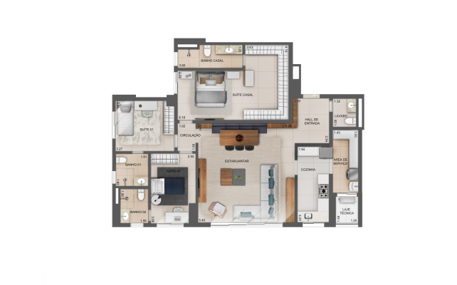 Planta 119m² - cozinha fechada