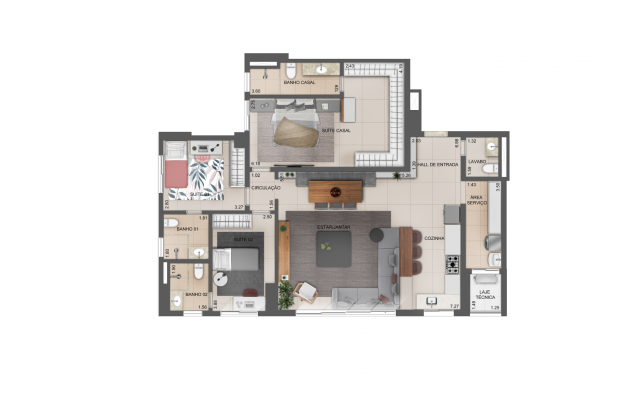 Planta 119m² - cozinha aberta