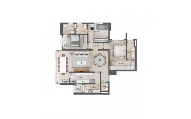 Planta 120m² - cozinha fechada