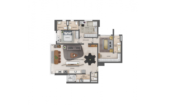 Planta 120m² - cozinha aberta