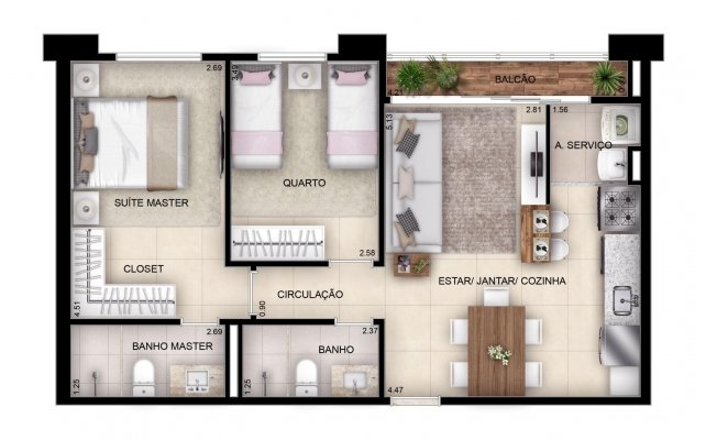 2 quartos, 1 suíte - 63m²