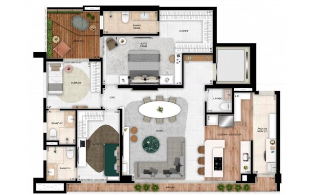 PLANTA 136M² - OPÇÃO COZINHA AMERICANA COM GIARDINO
