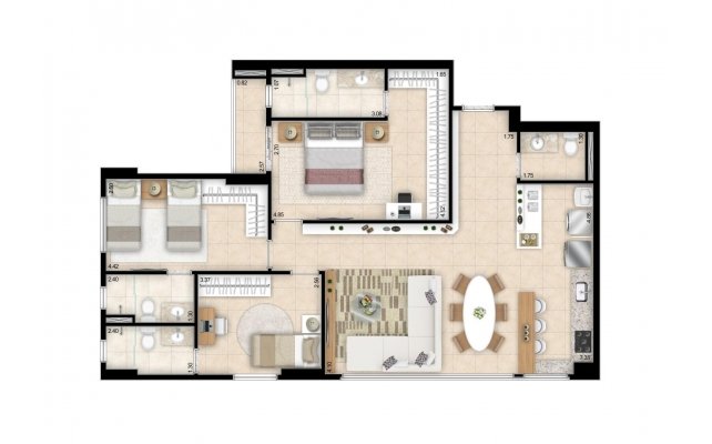 Planta 102 m² - cozinha aberta