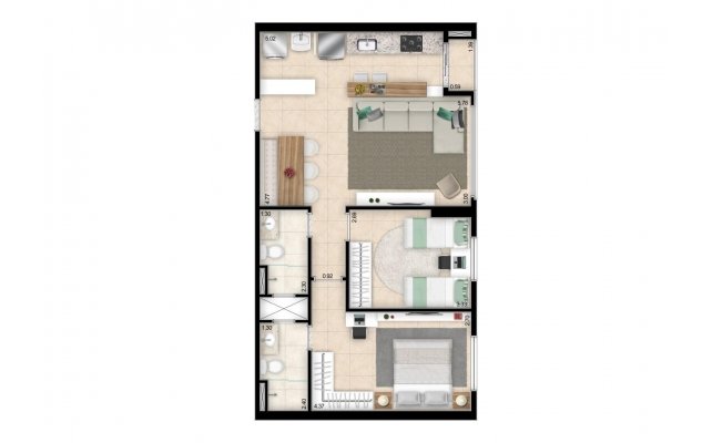 Planta 64m² - cozinha aberta