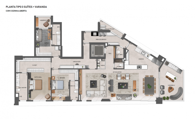 PLANTA TIPO 3 SUÍTES + VARANDA COM COZINHA ABERTA - 240M²