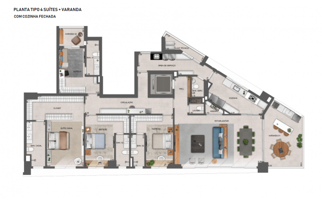 PLANTA TIPO 4 SUÍTES + VARANDA COM COZINHA FECHADA - 240M²