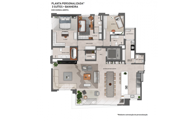 PLANTA PERSONALIZADA* 3 SUÍTES + BANHEIRA COM COZINHA ABERTA - 206M²
