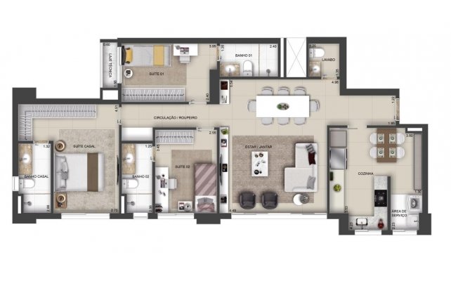 Planta tipo - 111 m² - cozinha fechada