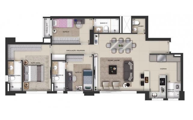 Planta tipo - 111 m² - cozinha americana