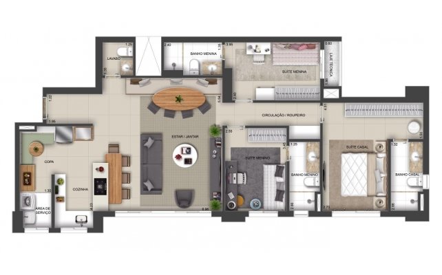Planta decorado - 111 m² - cozinha americana