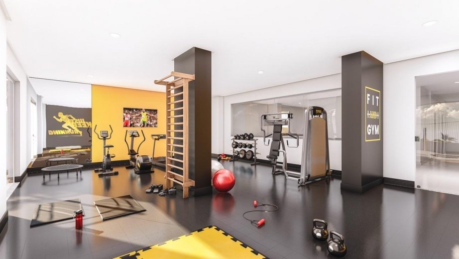 Fitness com musculação, ergometria e tatame para lutas