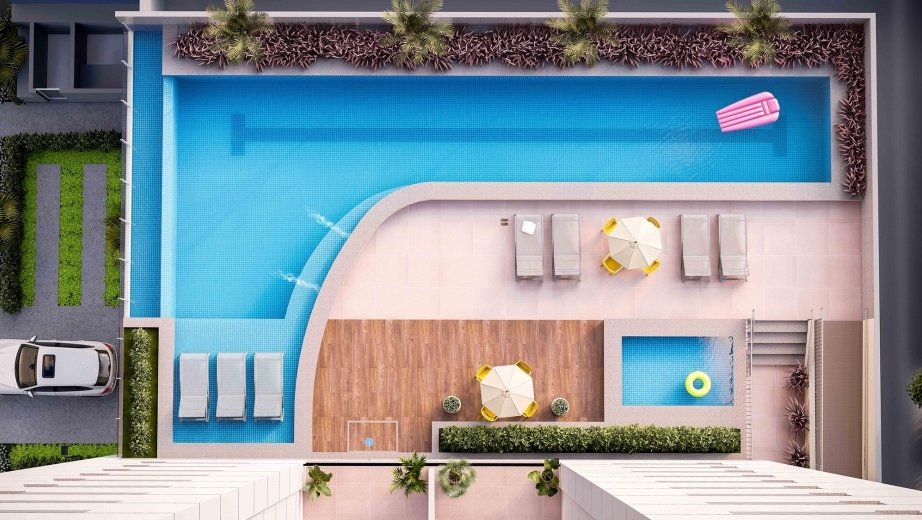 Piscina adulto integrada com deck molhado, banco de hidromassagem e borda infinita e infantil