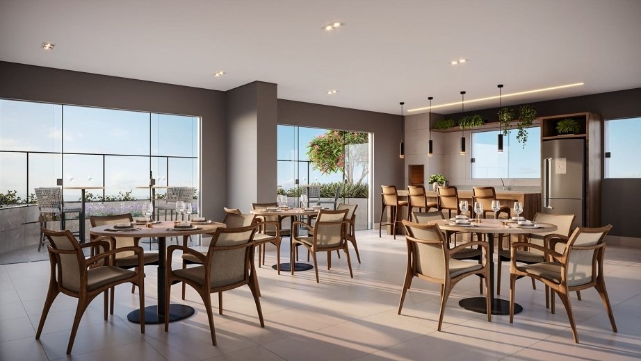 Salão de festas com churrasqueira e varanda com vista para o Parque