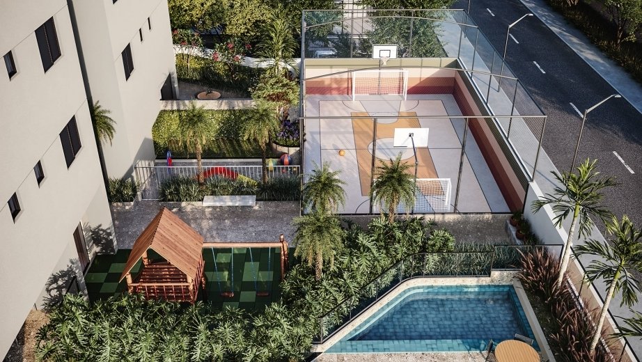 Quadra esportiva / Piscina infantil / Playground / Pet place / Horta comunitária